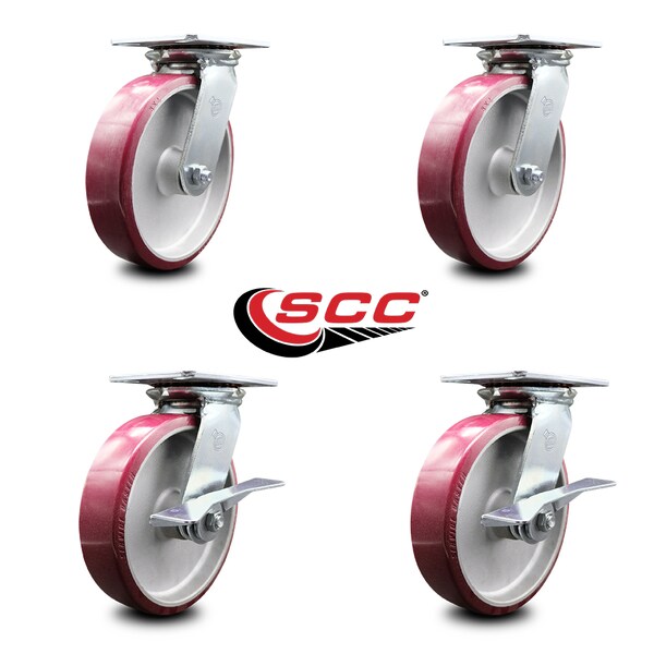 8 Inch Poly On Aluminum Swivel Caster Set With Ball Bearings 2 Brakes SCC